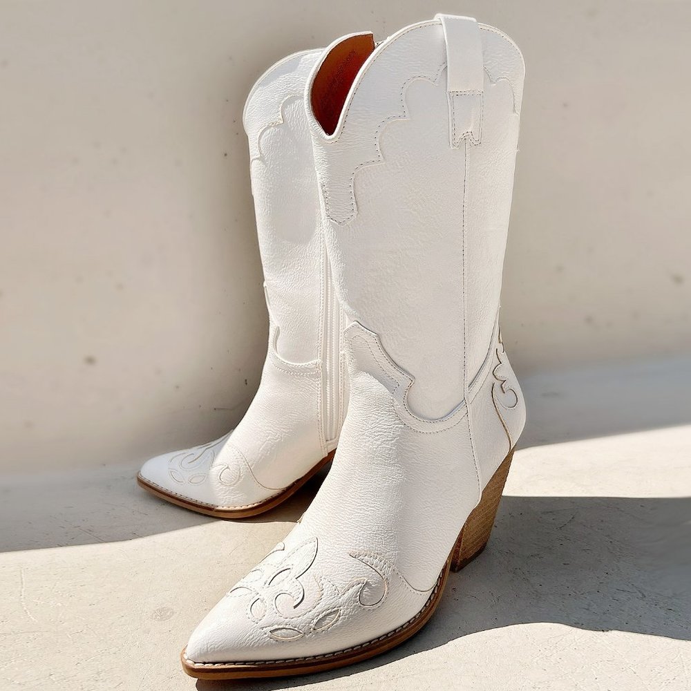 NEW White Western Cowgirl Cutout Applique Pointy Toe Block Heel Mid Calf Boots - Picture 6 of 16